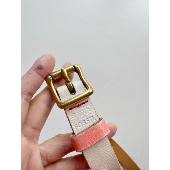 FOSSIL White Coral Pink Tan Leather Brass Buckle Skinny Hip Belt, Size M - Picture 9 of 13